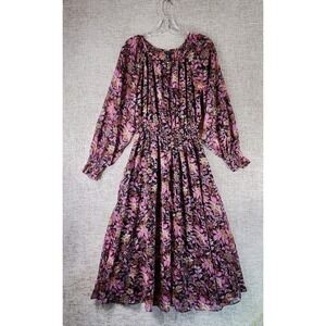 MNG Mango Floral Smocked Waist Dress Womens 4 Black Pink Chiffon Long Sleeve‎